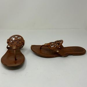 Tory Burch Miller Genuine Leather Logo Emblem Flat Flip On Sandals Shoes Brown 8